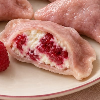Zbliżenie przełamanego różowego pieroga: w środku maliny i biały ser