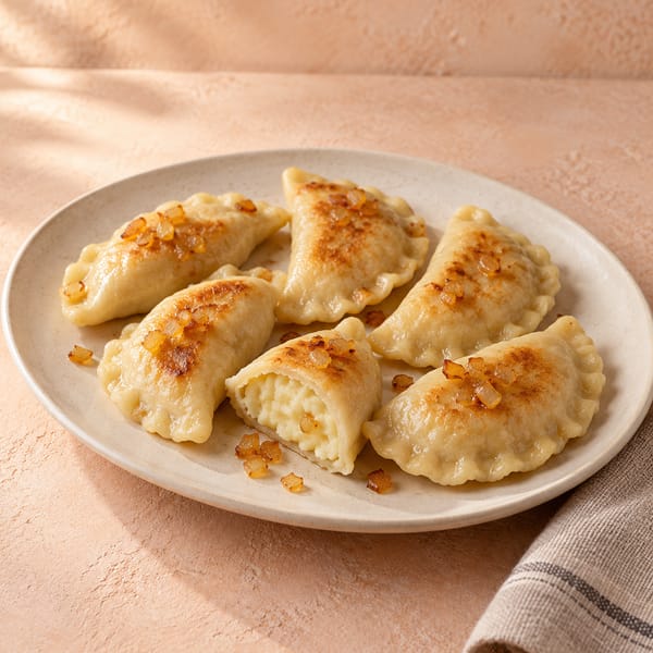 Podsmażone pierogi ruskie ze zrumienioną cebulką na owalnym talerzu; rozcięty pieróg pokazuje jasny farsz z ziemniaków i sera