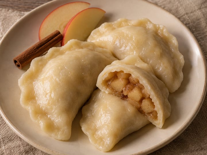 Pierogi szarlotka na kremowym talerzu; w rozciętym pierogu kawałki jabłek z cynamonem, obok plasterki jabłka i laska cynamonu