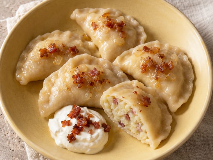 Pierogi ruskie z boczkiem w żółtej misce, posypane podsmażonym boczkiem, obok łyżka śmietany; w rozciętym pierogu farsz ziemniaczany z boczkiem
