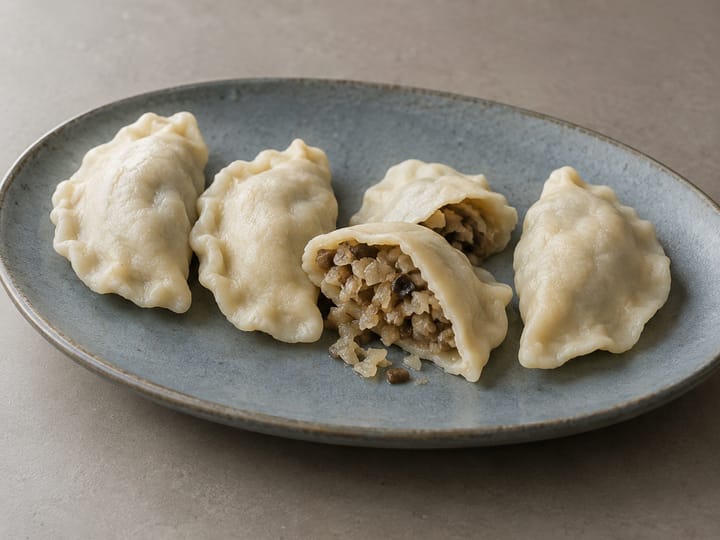 Pierogi z białą kapustą i grzybami na niebieskoszarym owalnym talerzu; przekrojony pieróg pokazuje jasny farsz z drobno posiekanej kapusty i pieczarek