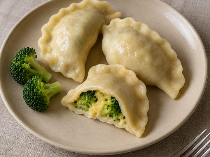 Pierogi z brokułami i serem na beżowym talerzu; w rozciętym pierogu brokuły z żółtym serem, obok różyczki brokułu