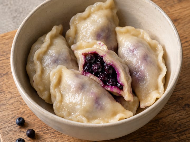 Pierogi z jagodą w jasnej misce na drewnianej desce; rozcięty pieróg pokazuje granatowe jagody