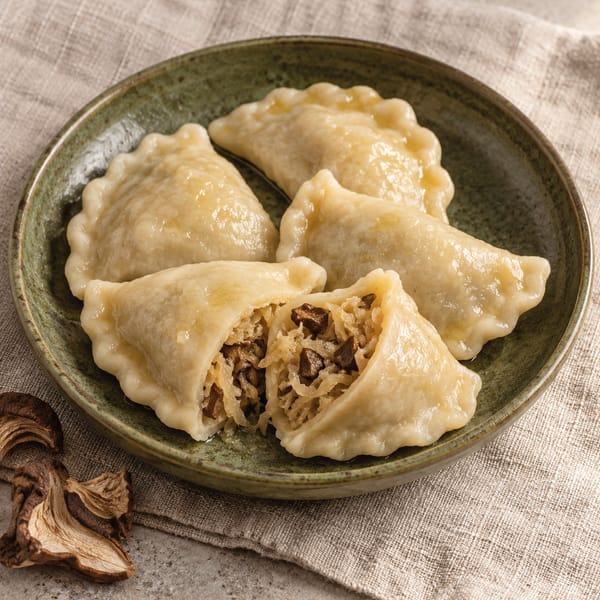 Pierogi z kapustą kiszoną i grzybami na zielonym talerzu; rozerwany pieróg pokazuje farsz z kiszonej kapusty i grzybów, obok suszone grzyby