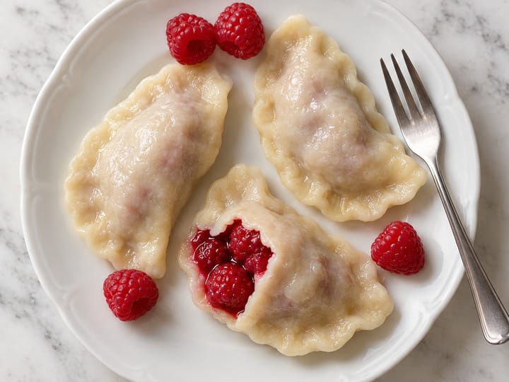 Pierogi z maliną na białym talerzu; w rozciętym pierogu maliny, wokół świeże owoce