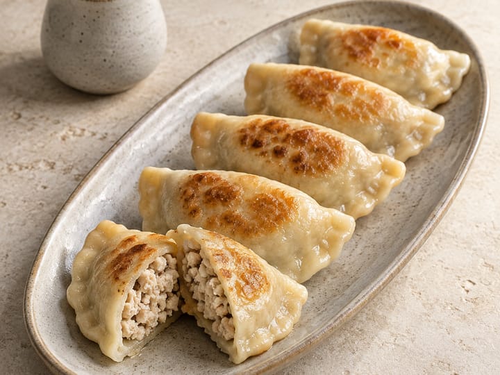 Podsmażone pierogi z mięsem drobiowym ułożone rzędem na owalnym półmisku; przekrojony pieróg pokazuje jasny mięsny farsz