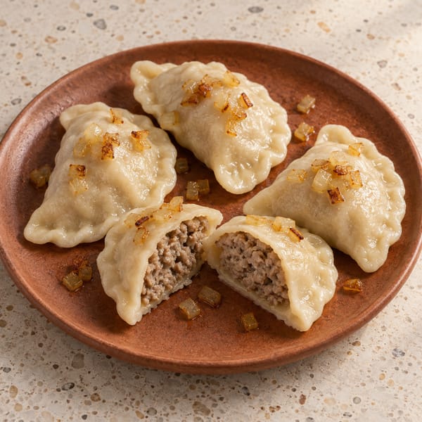 Pierogi z mięsem wieprzowym ze smażoną cebulką na ceglastym talerzu; przekrojony pieróg pokazuje mielony farsz