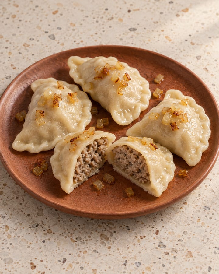 Pierogi z mięsem wieprzowym ze smażoną cebulką na ceglastym talerzu; przekrojony pieróg pokazuje mielony farsz
