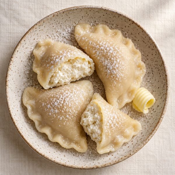 Pierogi z serem oprószone cukrem pudrem na nakrapianym talerzu; dwa przekrojone, z białym serem w środku