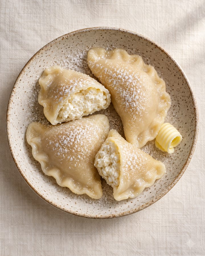 Pierogi z serem oprószone cukrem pudrem na nakrapianym talerzu; dwa przekrojone, z białym serem w środku