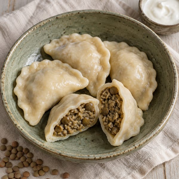 Pierogi z soczewicą w zielonej misce; dwa rozcięte pierogi pokazują farsz z soczewicy, obok rozsypane ziarna