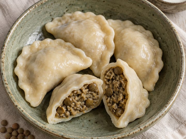 Pierogi z soczewicą w zielonej misce; dwa rozcięte pierogi pokazują farsz z soczewicy, obok rozsypane ziarna