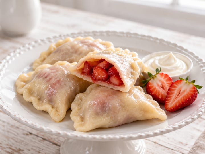 Pierogi z truskawką na białej paterze; rozcięty pieróg pokazuje kawałki truskawek, obok połówki owoców i śmietana