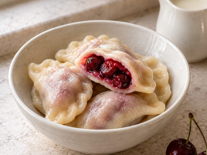 Pierogi z wiśnią w białej misce; rozcięty pieróg pokazuje całe wiśnie, obok świeże owoce i dzbanuszek śmietanki