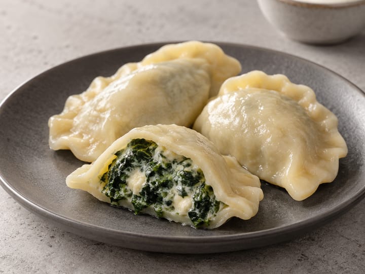 Pierogi ze szpinakiem i serem na grafitowym talerzu; w rozciętym pierogu ciemnozielony szpinak z białym serem