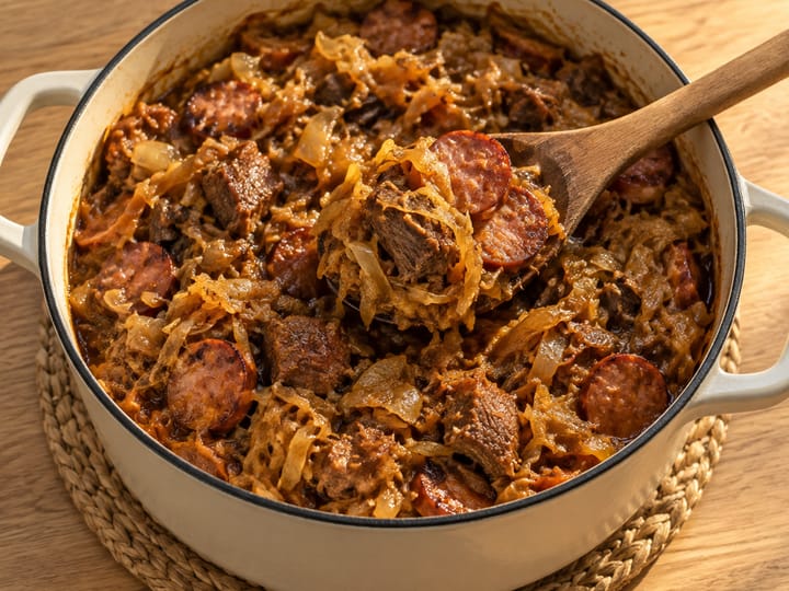 Bigos w emaliowanym garnku; na drewnianej łyżce kapusta, kawałki mięsa i plastry kiełbasy