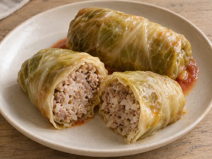 Gołąbki tradycyjne na jasnym talerzu; przekrojony gołąbek pokazuje farsz z mięsa i ryżu, pod spodem odrobina sosu pomidorowego