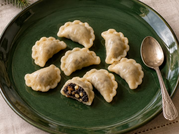 Małe pierożki wigilijne na ciemnozielonym talerzu; rozcięty pierożek pokazuje farsz makowy z bakaliami, obok gałązka świerku