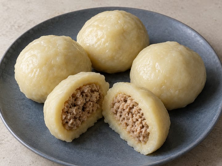 Pyzy z mięsem na granatowym talerzu; jedna przekrojona na pół, z mielonym farszem w środku