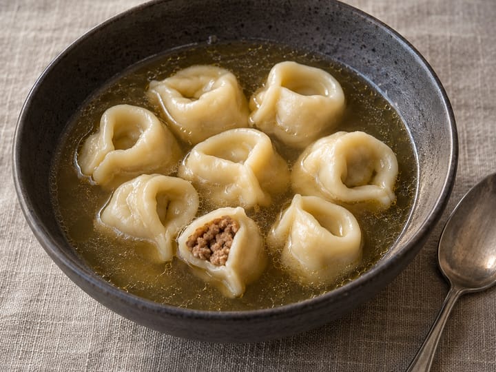 Uszka z mięsem w rosole, w ciemnej misce; jedno rozcięte, z mięsnym farszem